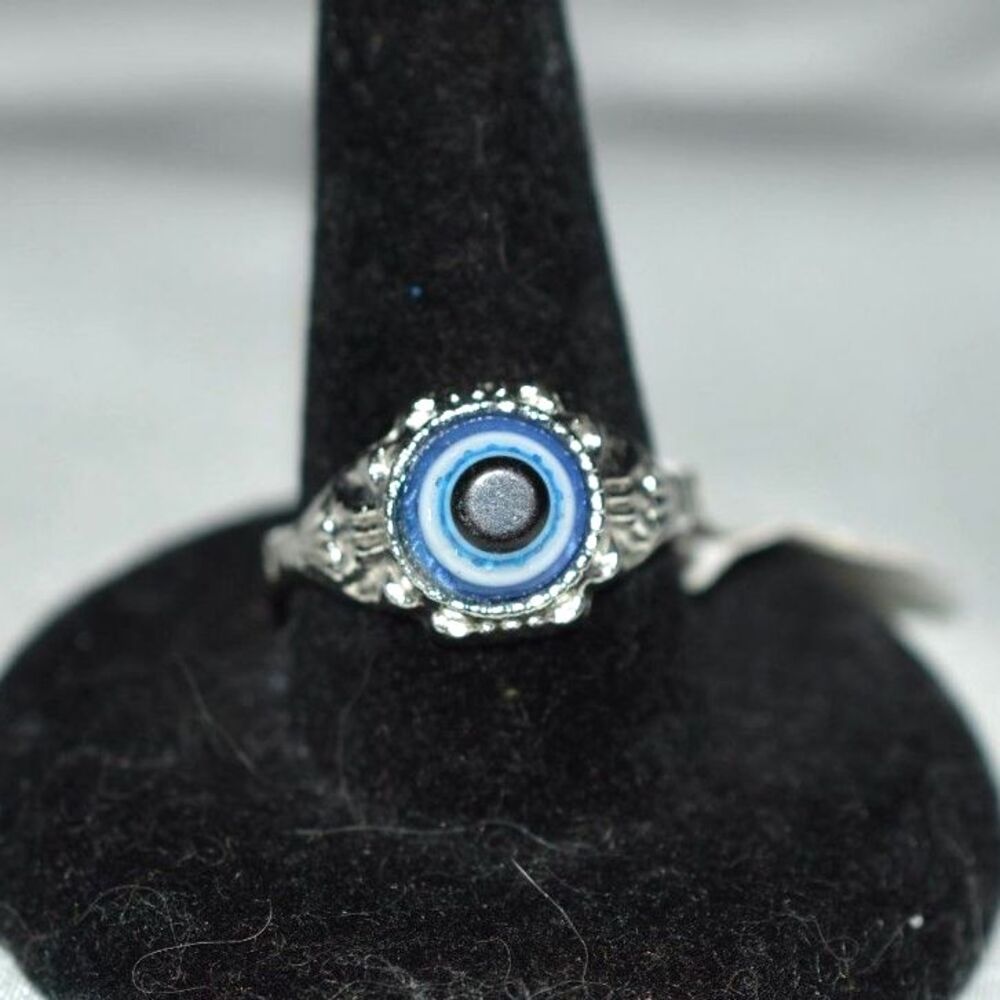 NWT Blue On Blue (Protection) Evil Eye Etched Silver Tone Band Sizes 7 & 8 Ring